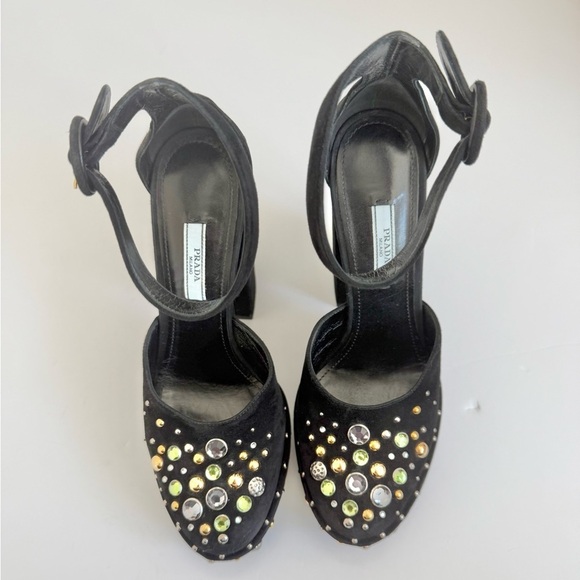 Prada Black Suede Leather Rhinestone embellished ankle strap chunky heel sandals - Picture 2 of 11